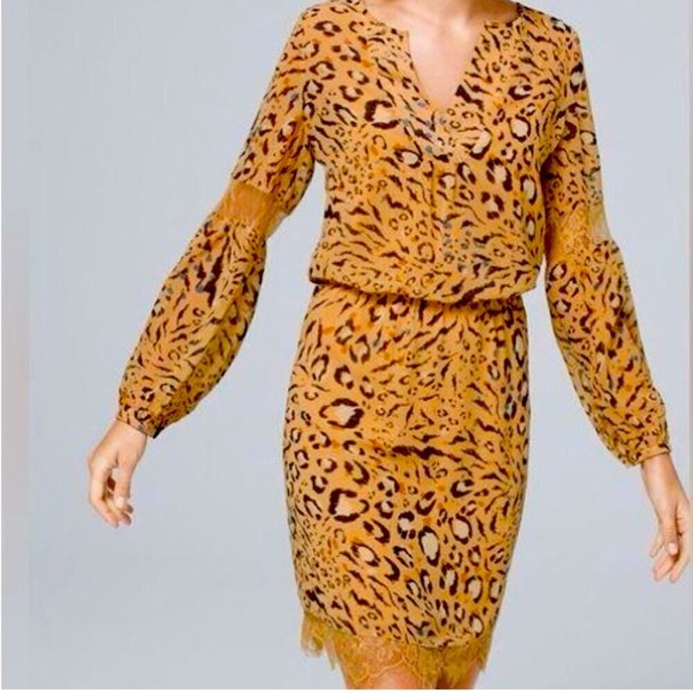 WHBM Long Sleeve Animal Print Blouson Dress with Lace Trim, Size 6